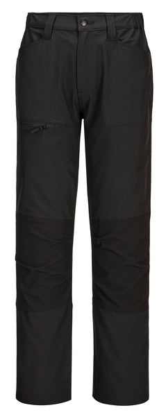 Portwest WX2 Eco Stretch Holster Trousers in black with button and zip fly fastening, belt loops on waist band, Flap holster pockets on waist band, pockets on top and sides and knee patches. Panels on insides of legs and side of knees.