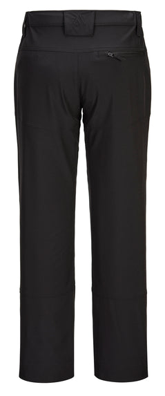Back of Portwest WX2 Eco Stretch Holster Trousers in black with belt loops on waist band, Flap holster pockets on waist band, pockets on top and sides and panels on insides of legs, below waist band and side of knees.