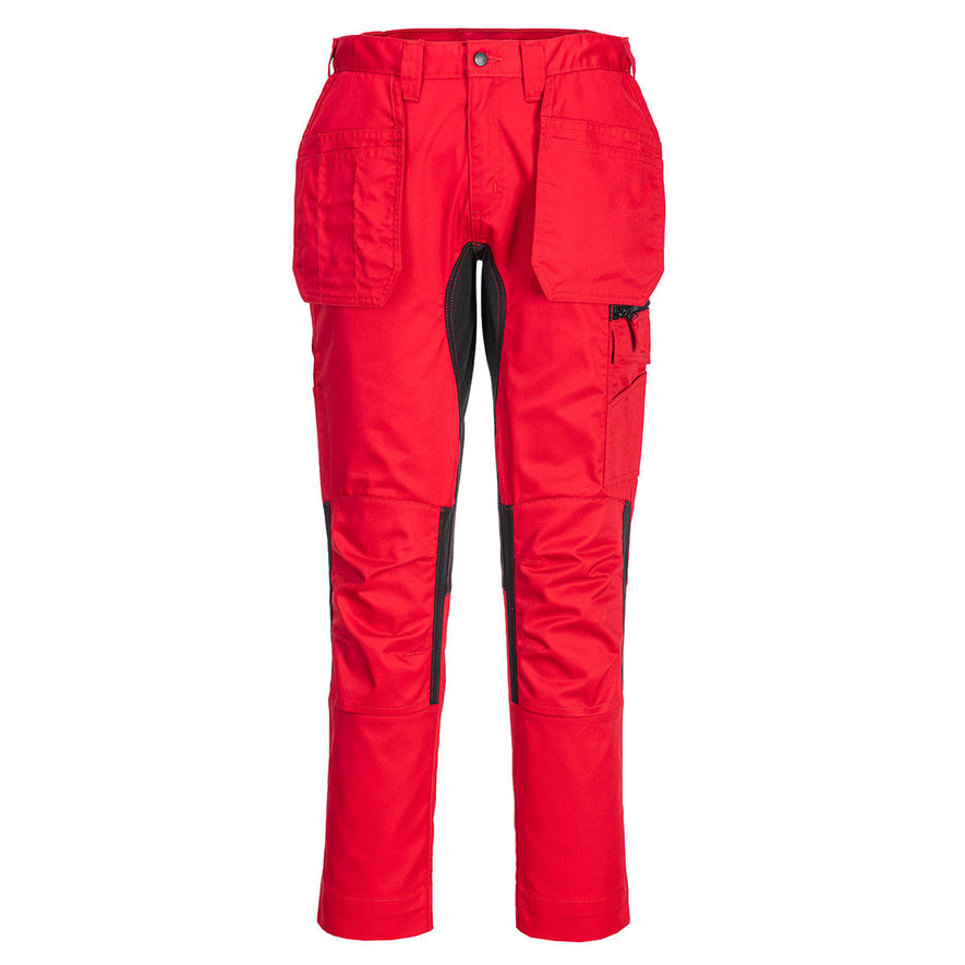 Portwest WX2 Eco Stretch Holster Trousers in deep red with button and zip fly fastening, belt loops on waist band, Flap holster pockets on waist band, pockets on top and sides and knee patches. Black panels on insides of legs and side of knees.