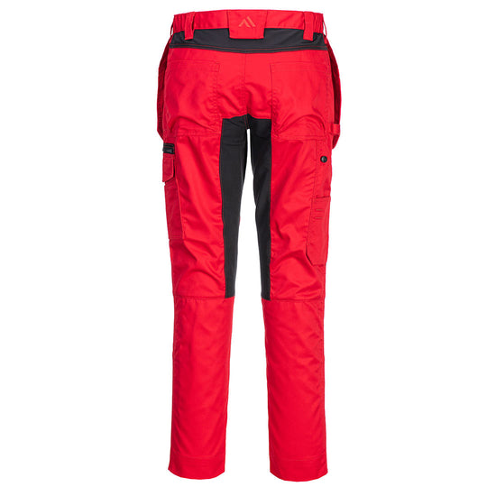 Back of Portwest WX2 Eco Stretch Holster Trousers in deep red with belt loops on waist band, Flap holster pockets on waist band, pockets on top and sides and black panels on insides of legs, below waist band and side of knees.