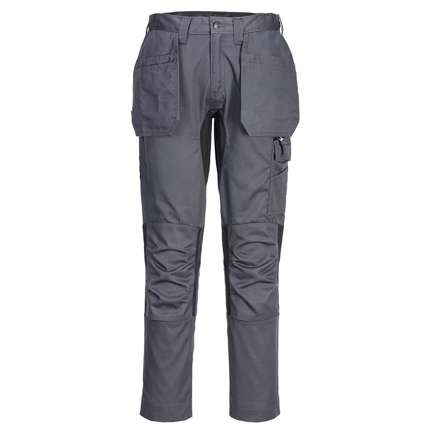 Portwest WX2 Eco Stretch Holster Trousers in metal grey with button and zip fly fastening, belt loops on waist band, Flap holster pockets on waist band, pockets on top and sides and knee patches. Black panels on insides of legs and side of knees.