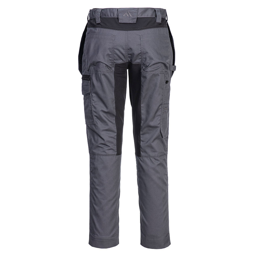 Back of Portwest WX2 Eco Stretch Holster Trousers in metal grey with belt loops on waist band, Flap holster pockets on waist band, pockets on top and sides and black panels on insides of legs, below waist band and side of knees.