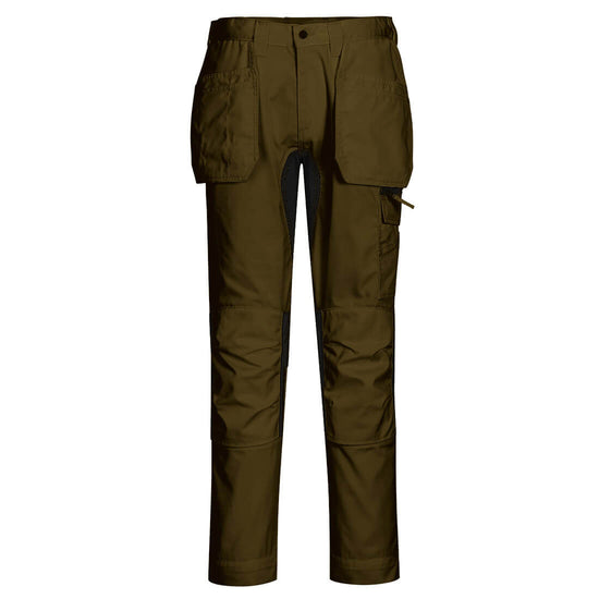 Portwest WX2 Eco Stretch Holster Trousers in olive green with button and zip fly fastening, belt loops on waist band, Flap holster pockets on waist band, pockets on top and sides and knee patches. Black panels on insides of legs and side of knees.