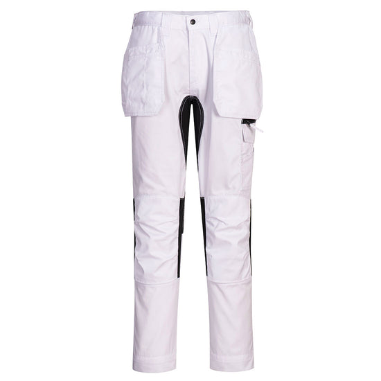 Portwest WX2 Eco Stretch Holster Trousers in white with button and zip fly fastening, belt loops on waist band, Flap holster pockets on waist band, pockets on top and sides and knee patches. Black panels on insides of legs and side of knees.