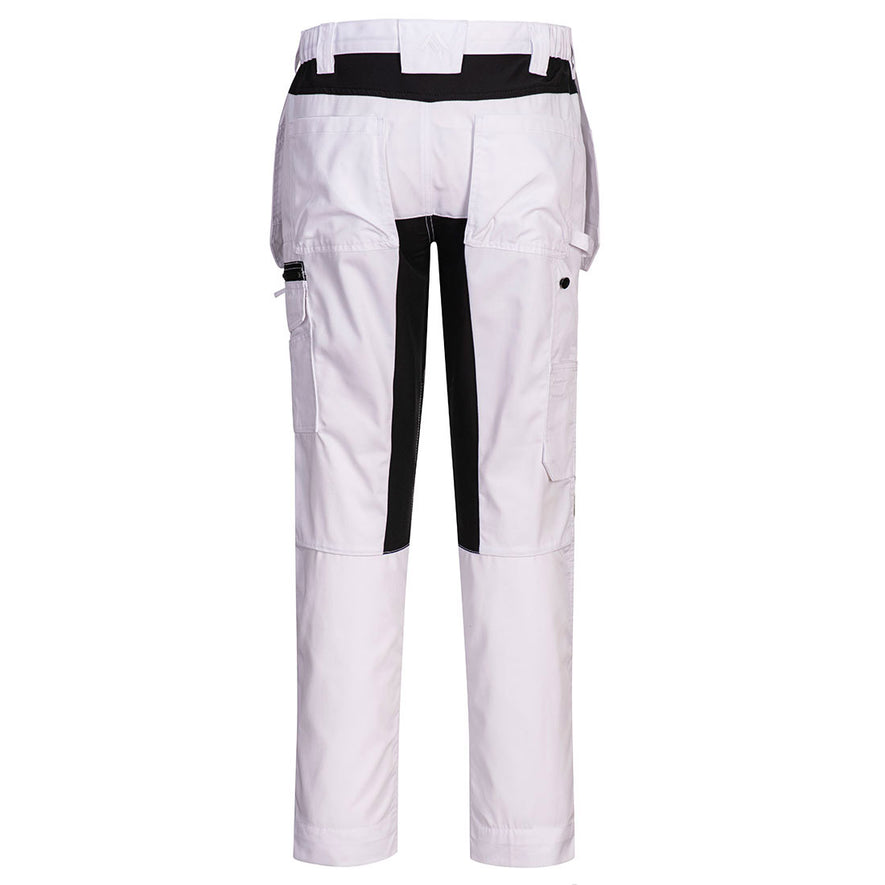 Back of Portwest WX2 Eco Stretch Holster Trousers in white with belt loops on waist band, Flap holster pockets on waist band, pockets on top and sides and black panels on insides of legs, below waist band and side of knees.