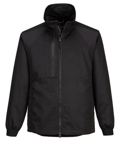 Portwest WX2 Eco Stretch Work Jacket in black with collar and full zip fastening, zipped pocket on chest, panels on shoulders and sides, and elasticated wrists.