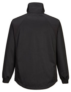 Back of Portwest WX2 Eco Stretch Work Jacket in black with collar and panels on shoulders and sides, and elasticated wrists.