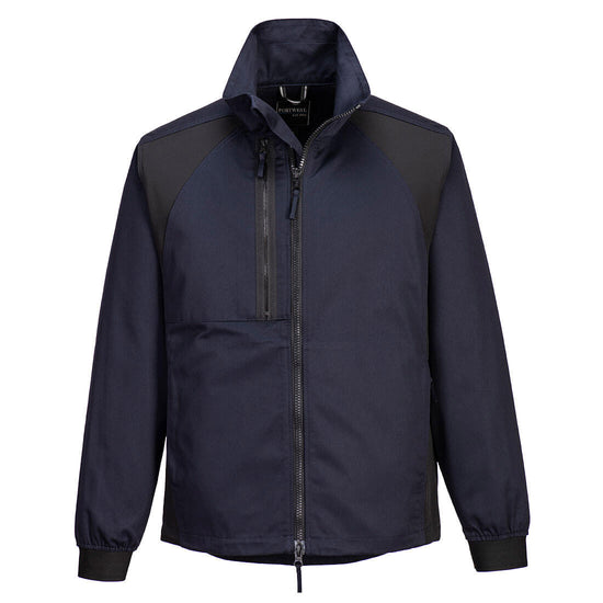 Portwest WX2 Eco Stretch Work Jacket in dark navy with collar and black full zip fastening, zipped pocket on chest, panels on shoulders and sides, and elasticated wrists.