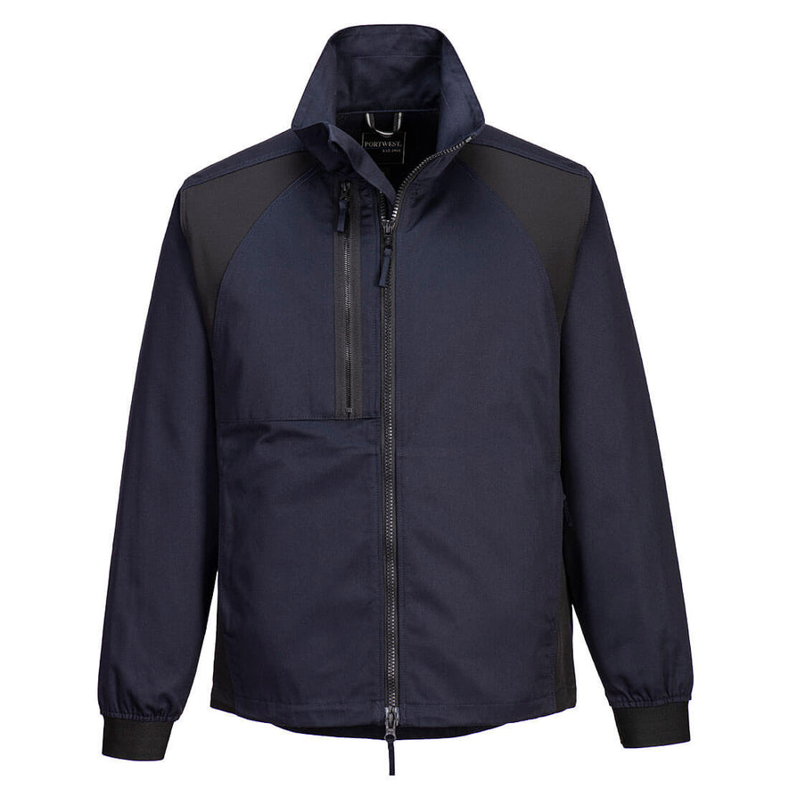 Portwest WX2 Eco Stretch Work Jacket in dark navy with collar and black full zip fastening, zipped pocket on chest, panels on shoulders and sides, and elasticated wrists.