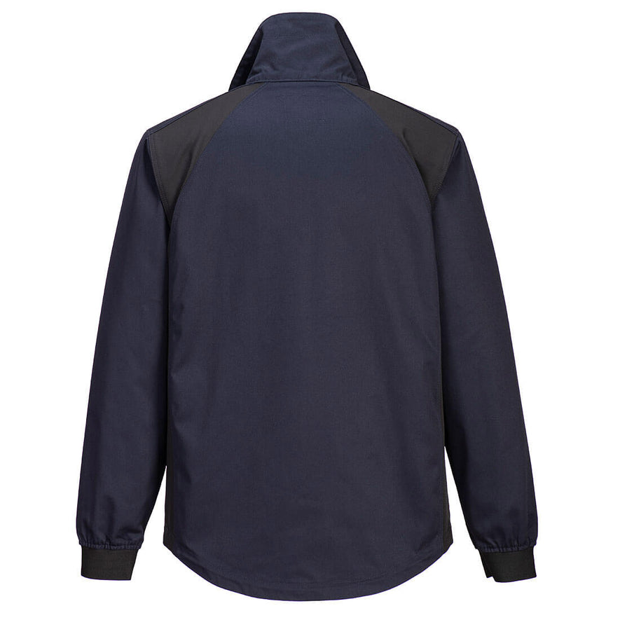 Back of Portwest WX2 Eco Stretch Work Jacket in dark navy with collar and black panels on shoulders and sides, and elasticated wrists.
