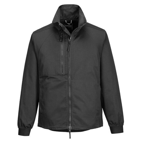 Portwest WX2 Eco Stretch Work Jacket in metal grey with collar and black full zip fastening, zipped pocket on chest, panels on shoulders and sides, and elasticated wrists.