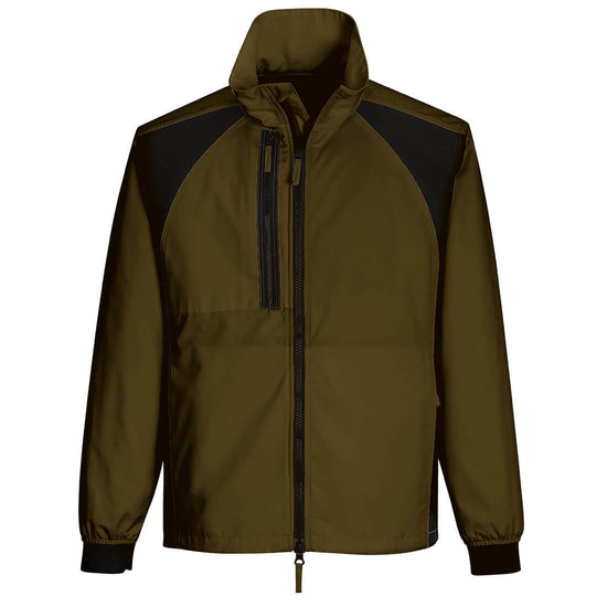 Portwest WX2 Eco Stretch Work Jacket in olive grey with collar and black full zip fastening, zipped pocket on chest, panels on shoulders and sides, and elasticated wrists.