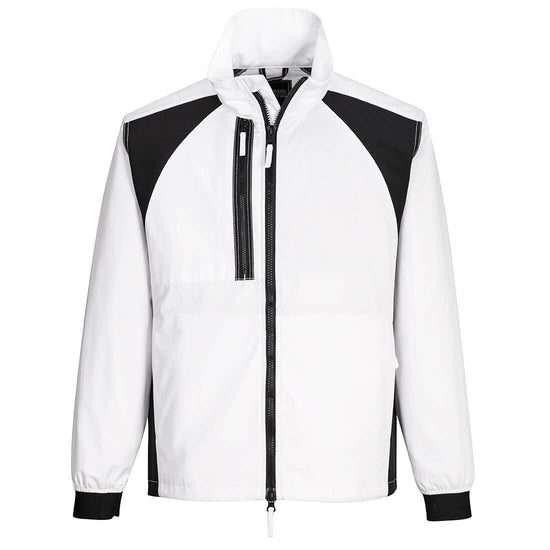 Portwest WX2 Eco Stretch Work Jacket in white with collar and black full zip fastening, zipped pocket on chest, panels on shoulders and sides, and elasticated wrists.