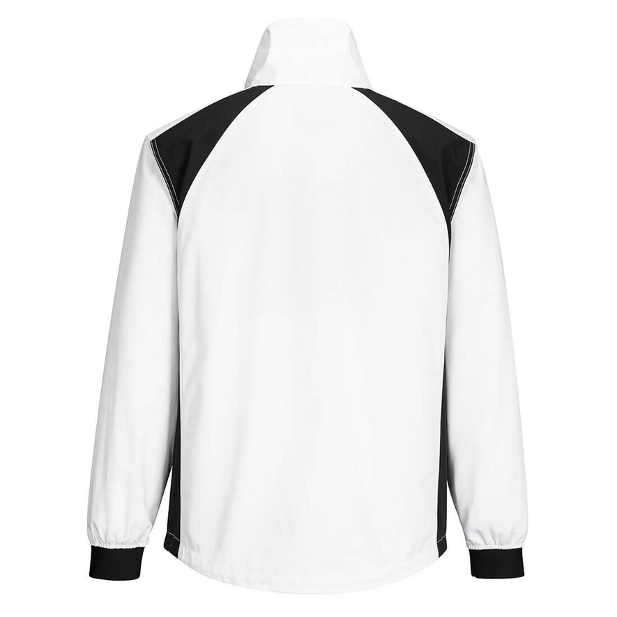Back of Portwest WX2 Eco Stretch Work Jacket in white with collar and black panels on shoulders and sides, and elasticated wrists.