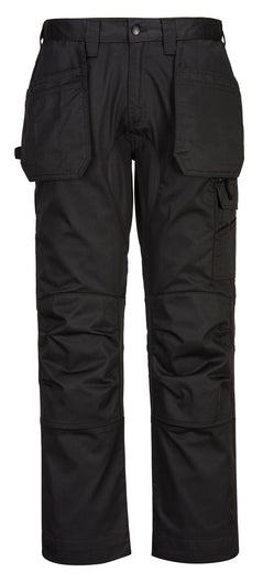 Portwest WX2 Eco Active Stretch Work Trousers in Black with button and zip fastening, belt loops on waist band, two pockets at top with zipped pocket on side of leg, panels on knees.