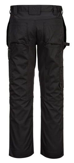 Back of Portwest WX2 Eco Active Stretch Work Trousers in Black with belt loops on waist band and zipped pocket on top.