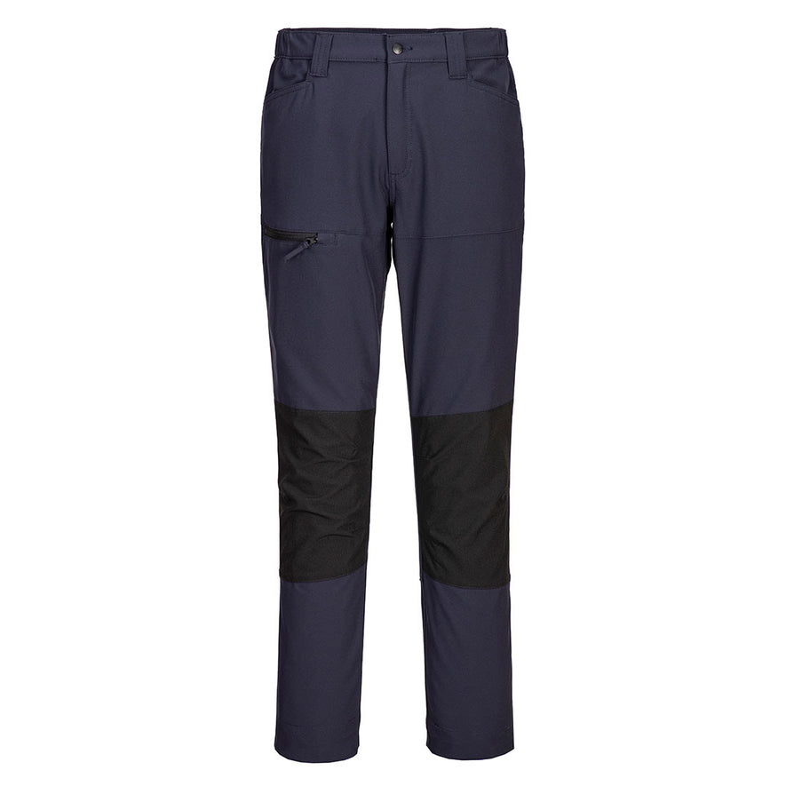 Portwest WX2 Eco Active Stretch Work Trousers in dark navy with button and zip fastening, belt loops on waist band, two pockets at top and black zipped pocket on side of leg and panels on knees.