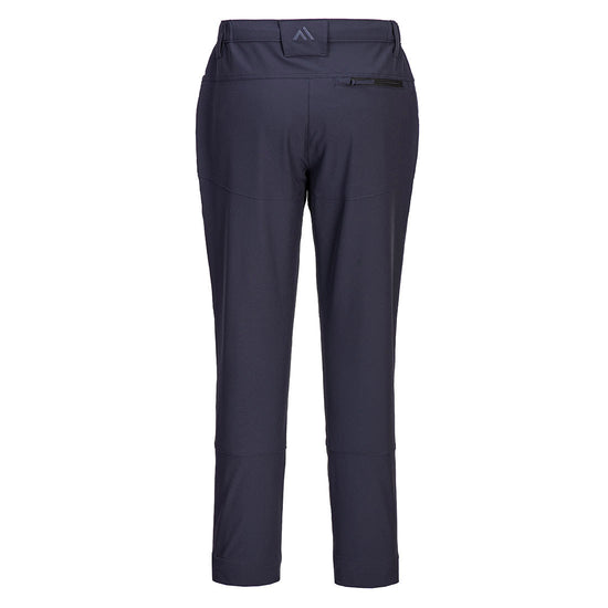 Back of Portwest WX2 Eco Active Stretch Work Trousers in dark navy with belt loops on waist band and black zipped pocket on top.