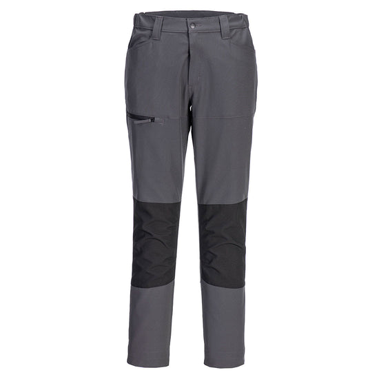 Portwest WX2 Eco Active Stretch Work Trousers in metal grey with button and zip fastening, belt loops on waist band, two pockets at top and black zipped pocket on side of leg and panels on knees.