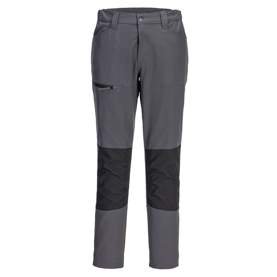 Portwest WX2 Eco Active Stretch Work Trousers in metal grey with button and zip fastening, belt loops on waist band, two pockets at top and black zipped pocket on side of leg and panels on knees.