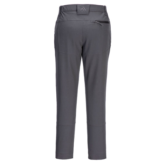 Back of Portwest WX2 Eco Active Stretch Work Trousers in metal grey with belt loops on waist band and black zipped pocket on top.