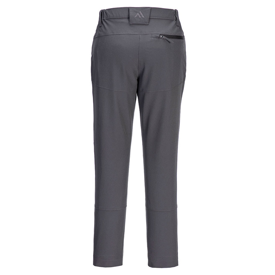 Back of Portwest WX2 Eco Active Stretch Work Trousers in metal grey with belt loops on waist band and black zipped pocket on top.