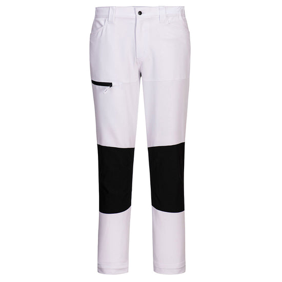 Portwest WX2 Eco Active Stretch Work Trousers in white with button and zip fastening, belt loops on waist band, two pockets at top and black zipped pocket on side of leg and panels on knees.