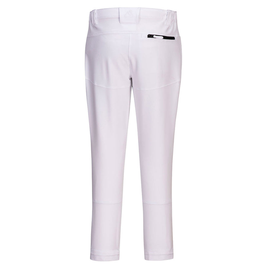 Back of Portwest WX2 Eco Active Stretch Work Trousers in white with belt loops on waist band and black zipped pocket on top.