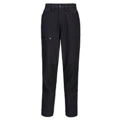Portwest WX2 Eco Women's Stretch Work Trousers in black with button and zip fastening, belt loops on waistband, two pockets at top and black zipped pocket on side and panels on knees.