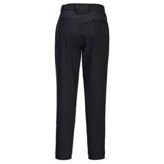 Back of Portwest WX2 Eco Women's Stretch Work Trousers in black with belt loops on waistband and zipped pocket below waistband.