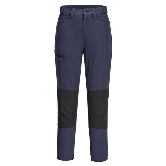 Portwest WX2 Eco Women's Stretch Work Trousers in dark navy with button and zip fastening, belt loops on waistband, two pockets at top and black zipped pocket on side and panels on knees.