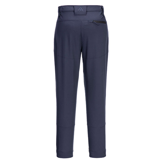 Back of Portwest WX2 Eco Women's Stretch Work Trousers in dark navy with belt loops on waistband and zipped pocket below waistband.