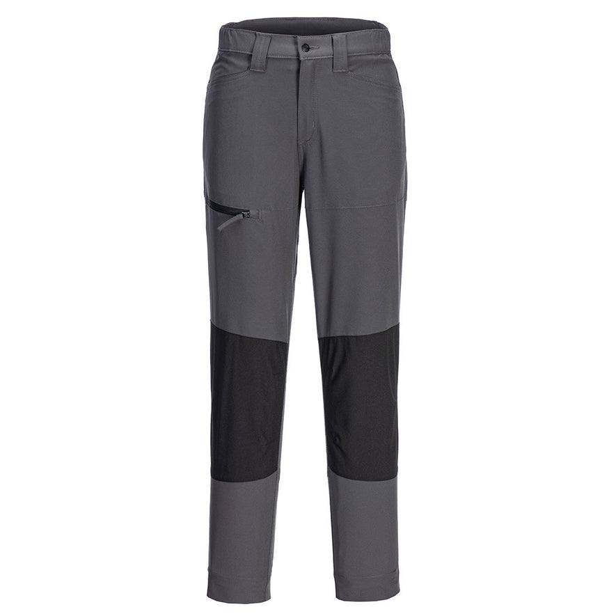 Portwest WX2 Eco Women's Stretch Work Trousers in metal grey with button and zip fastening, belt loops on waistband, two pockets at top and black zipped pocket on side and panels on knees.