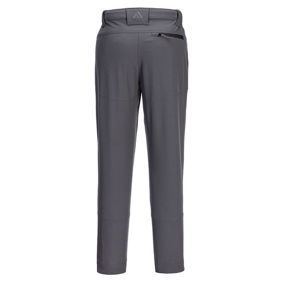 Back of Portwest WX2 Eco Women's Stretch Work Trousers in metal grey with belt loops on waistband and zipped pocket below waistband.