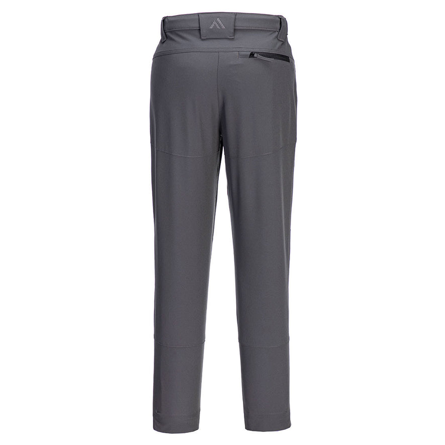 Back of Portwest WX2 Eco Women's Stretch Work Trousers in metal grey with belt loops on waistband and zipped pocket below waistband.