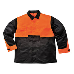 Black Portwest Oak chainsaw protective jacket. Jacket has pockets on the side and chest as well as orange contrast on the chest and on the sleeve.