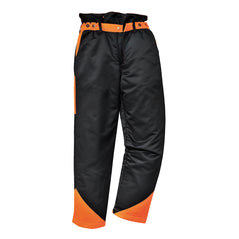 Black Portwest Oak trousers. Trousers are chainsaw protective with orange belt area, back pockets and trouser area.
