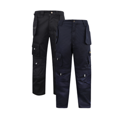 Black and Navy images of Kapton heavy duty cargo trousers with holster pockets and d loop for a hammer.
