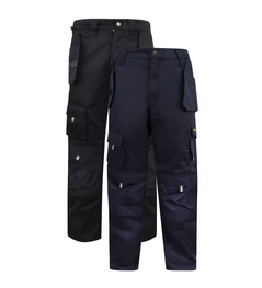 Black and Navy images of Kapton heavy duty corder cargo trousers with holster pockets and d loop for a hammer.