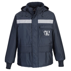 Navy cold store jacket. Jacket has a hi vis band across the chest and thermal hand area to cover the hands. Jacket also has pockets and id holder.