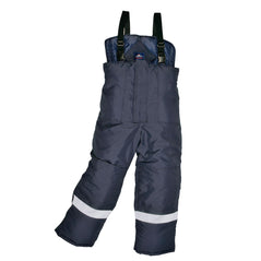Cold store trousers in navy with shoulder braces and hi vis ankle bands.