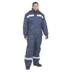 Navy thermal cold store coverall with hi vis bands on the ankle and chest. coverall also has thermal hand covering area.