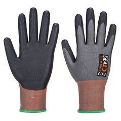 Black nitrile foam cut Glove with grey top, red sleeve.