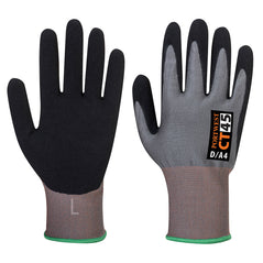 Black nitrile foam cut Glove with grey top, red sleeve.