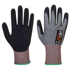 Black nitrile foam cut Glove with grey top, red sleeve.