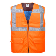 Orange hi vis cooling vest. Vest has a blue cooling inner and hi vis strips across the body and shoulders. Vest has pockets on the lower and a zip fasten.