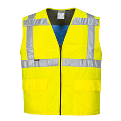Yellow hi vis cooling vest. Vest has a blue cooling inner and hi vis strips across the body and shoulders. Vest has pockets on the lower and a zip fasten.