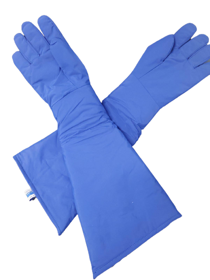 Blue thermal cryogenic gauntlet glove. Gloves are blue and cover the arm to elbow area.