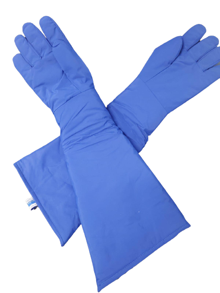 Blue thermal cryogenic gauntlet glove. Gloves are blue and cover the arm to elbow area.