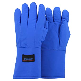 Blue thermal cryogenic gauntlet glove. Gloves are blue and cover the wrist area.